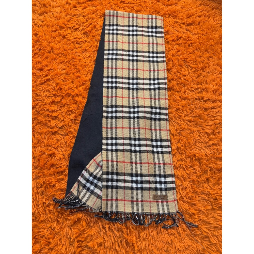 Burberry London England Reversible Scarf House Check Navy Blue Fringe Trim